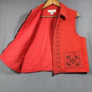 Vintage Chrysantheme Womens Vest Large Red Wool Blend Full Zip Embroidered